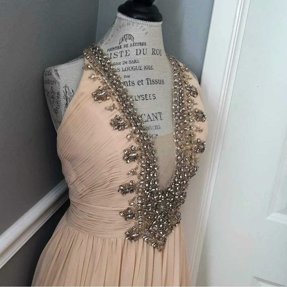 NEW COLORS SZ 12 NUDE JEWELED CHIFFON HALTER FORMAL EVENING GOWN
